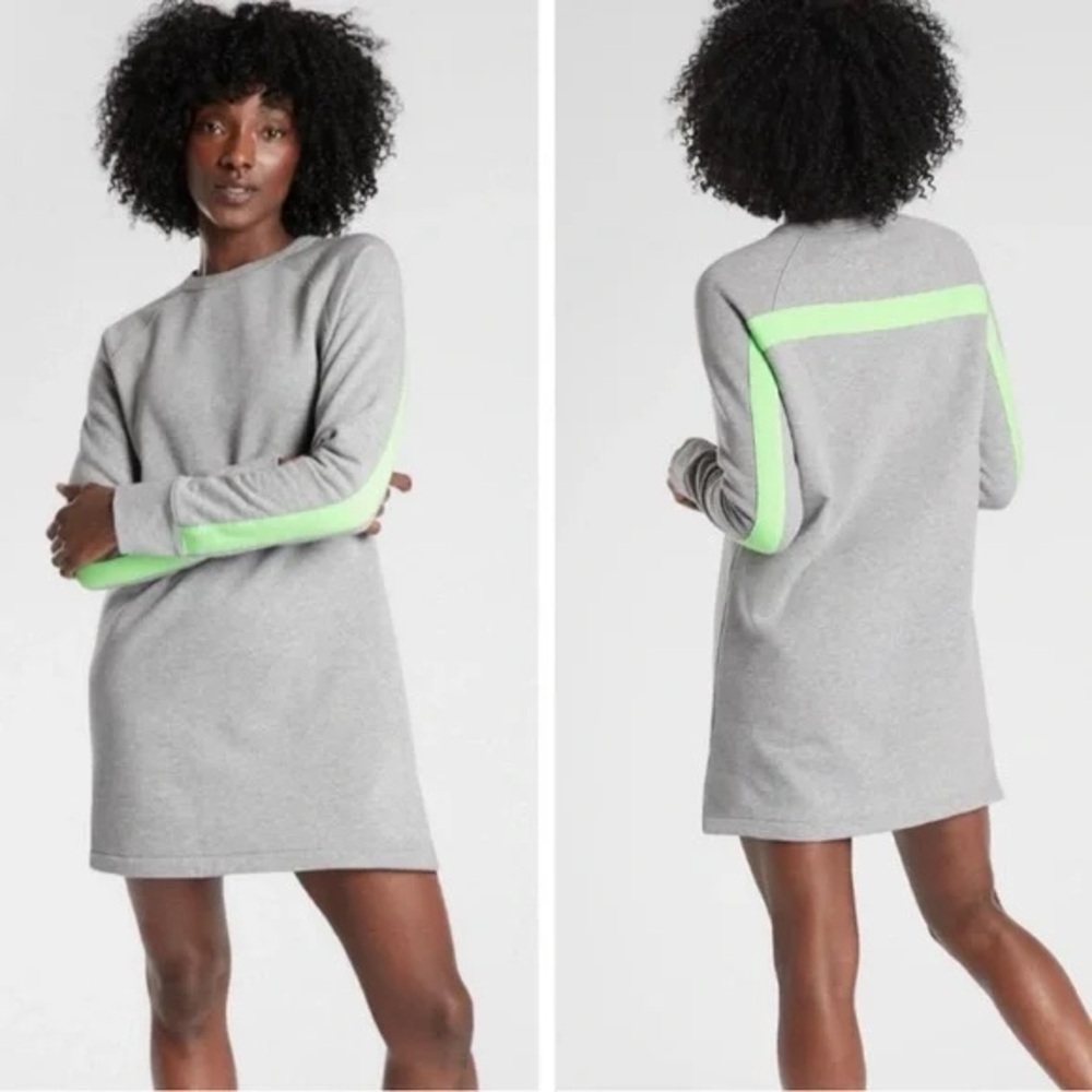 ATHLETA Round Trip Sweatshirt Dress Grey Heather Green Stripe Long Sleev…